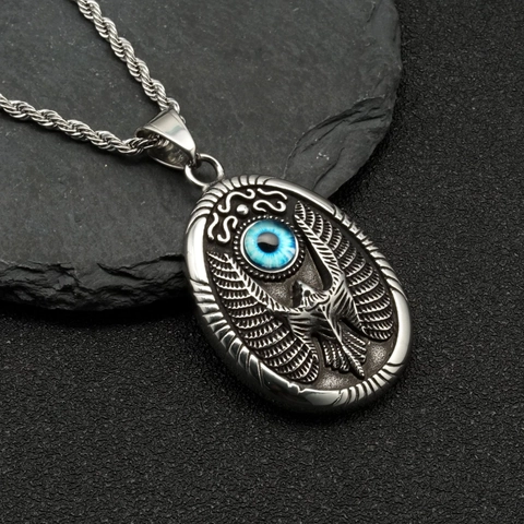 Collar con Colgante de Águila y Mal de Ojo de Acero de Titanio Vintage para Hombre Estilo Egipcio Retro Joyería Punk