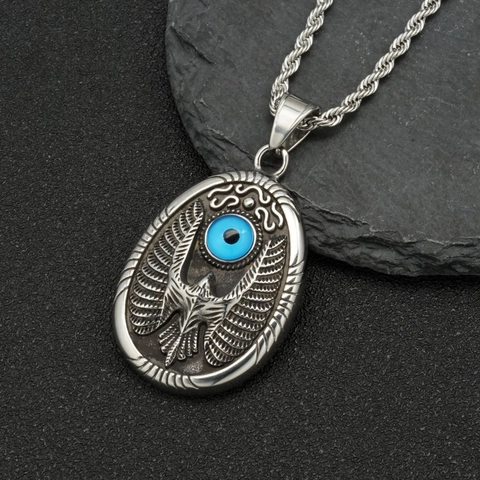 Collar con Colgante de Águila y Mal de Ojo de Acero de Titanio Vintage para Hombre Estilo Egipcio Retro Joyería Punk