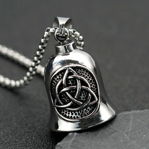Retro Stainless Steel Viking Odin Rune Bell Pendant Necklace For Men Punk Motorcycle Style Celtic Knot Guardian Bell Jewelry