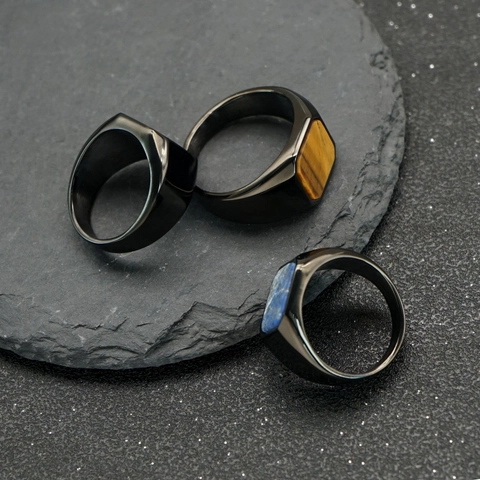 Vintage Men Black Stainless Steel Signet Ring With Natural Tiger Eye Lapis Lazuli Black Agate Stone Inlaid Finger Ring