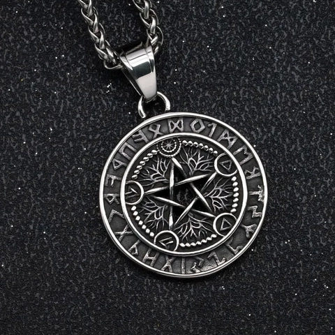 Collana con Ciondolo Simbolo di Odino Vichingo Pentagramma Albero della Vita Gioielli in Acciaio Inossidabile Rune per Uomo Donna