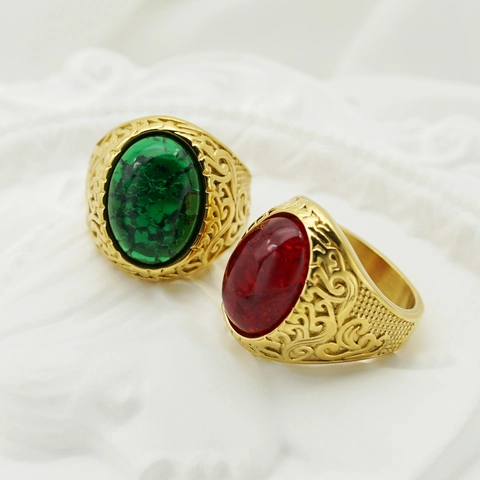 Men Vintage Viking Rune Ring Stainless Steel Gold Silver Plated Large Oval Colorful Gemstone Signet Engraved Band Jewelry