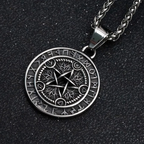 Collana con Ciondolo Simbolo di Odino Vichingo Pentagramma Albero della Vita Gioielli in Acciaio Inossidabile Rune per Uomo Donna