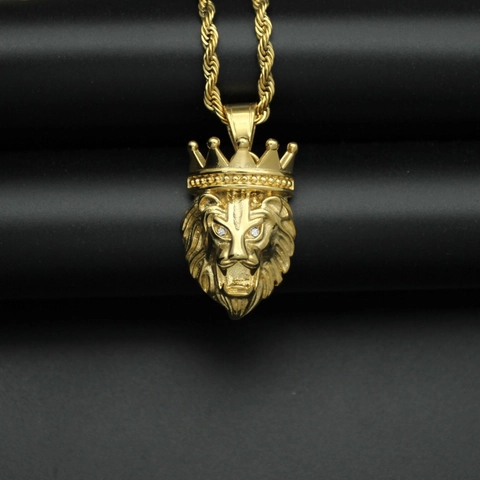 Stainless Steel Lion Head Crown Pendant Necklace Rhinestone Inlaid Hip Hop Punk Gold Silver Black Jewelry For Men Women