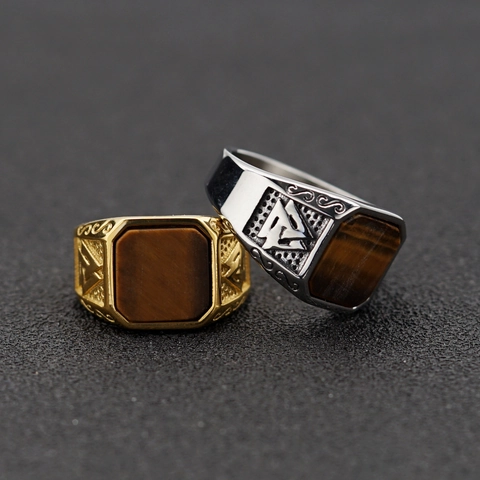 Viking Titanium Steel Signet Ring For Men Vintage Nordic Valknut Rune Inlaid Tiger Eye Black Agate Lapis Lazuli Punk Ring Jewelry