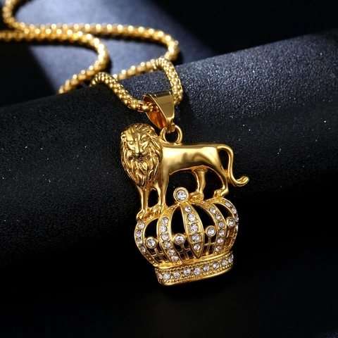 Collar con Colgante de Corona con Cabeza de León de Acero de Titanio Hip Hop para Hombres y Mujeres Joyería de Cuello con Strass