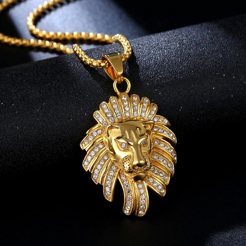Collar Con Colgante de Cabeza de León Hip Hop de Acero Inoxidable Con Diamantes de Imitación Joyería para Hombre Mujer