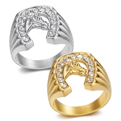 Hip Hop Titanium Steel Horse Head Horseshoe Ring For Men Electroplated Rhinestone Inlaid Animal Finger Ring Jewelry Gift