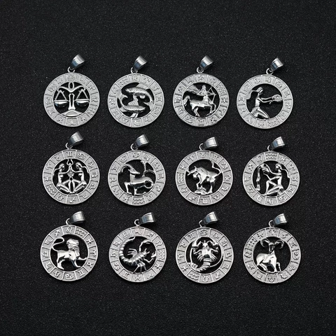 Vintage Stainless Steel Zodiac Sign Relief Pendant Necklace Round Hollow Constellation Medallion Fashion Jewelry Gift For Men Women