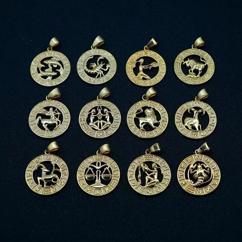 Vintage Stainless Steel Zodiac Sign Relief Pendant Necklace Round Hollow Constellation Medallion Fashion Jewelry Gift For Men Women