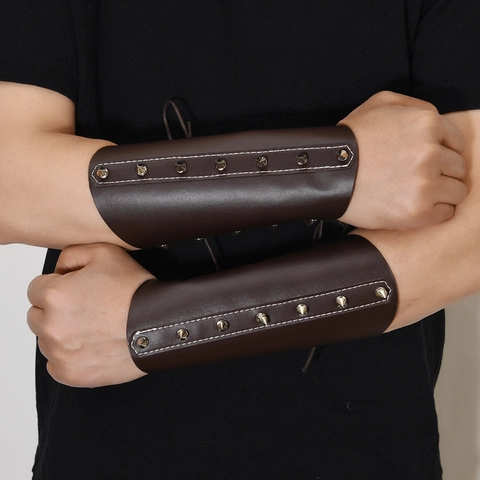 Vintage Punk Leather Bracers Gothic Medieval Rivet Adjustable Lace Up Faux Leather Wrist Armor Guards For Cosplay Riding