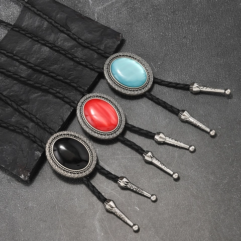 Vintage Western Cowboy Bolo Tie Retro Engraved Alloy Oval Gemstone Inlaid Braided Leather Cord Adjustable Necklace Jewelry