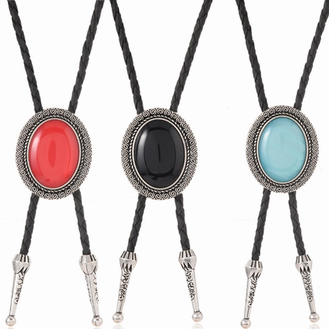 Vintage Western Cowboy Bolo Tie Retro Engraved Alloy Oval Gemstone Inlaid Braided Leather Cord Adjustable Necklace Jewelry