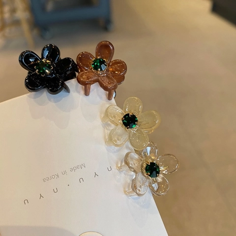 Koreanischer Stil Harz Blume Mini Haarkralle Clip Für Damen Vintage Strass Kleine Pony Seitenclip Elegante Haarschmuck