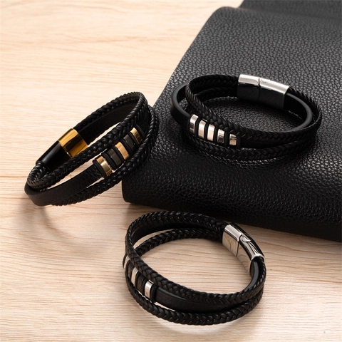 Heren Meerlaagse Gevlochten Roestvrij Stalen Kunstleren Armband Met Magneetsluiting Geweven Mode Sieraden Dagelijks Accessoire
