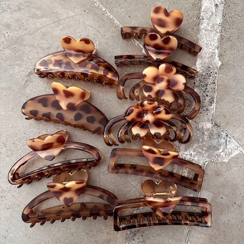 Vintage Leopardenmuster Schildpatt Haarklammer Große Herz Blume Shark Clip Acetat Harz Haarschmuck Für Damen Schmuck