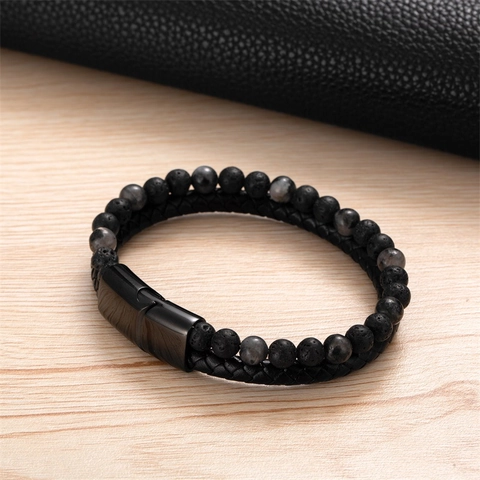 Bracciale da Uomo a Doppio Strato in Vera Pelle Intrecciata Con Perline in Pietra Occhio di Tigre Vulcanica Naturale Chiusura Magnetica in Acciaio Inossidabile