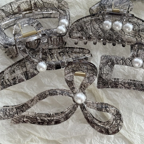 Elegantes Pinzas para el Pelo con Textura de Encaje Francés y Perla Artificial Pinzas de Acrílico Grandes para Mujer Accesorios