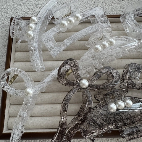 Elegantes Pinzas para el Pelo con Textura de Encaje Francés y Perla Artificial Pinzas de Acrílico Grandes para Mujer Accesorios