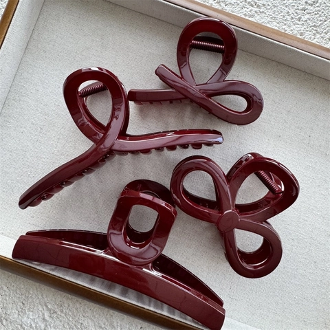 Simple Glossy Plastic Resin Hair Claw Clip Wine Red Solid Color Large Shark Clip For Women Daily Styling Accessories