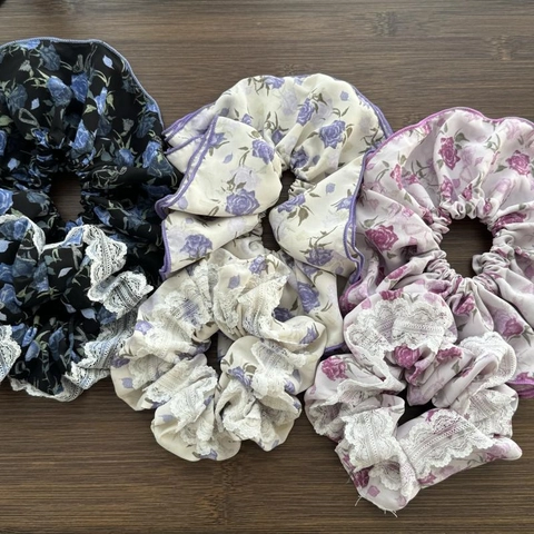Pastoral Style Floral Lace Scrunchies For Women Sweet Rose Pattern Fabric Hair Ties Ponytail Holder Hair Accessories