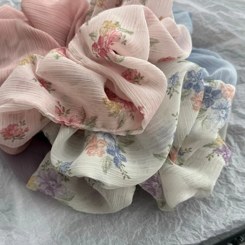 Scrunchie Grande con Cuciture Floreali Vintage Donna Fascia per Capelli Elastica in Tessuto Plissettato Fatta a Mano