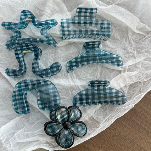 Pinza per Capelli con Motivo Gingham Blu in Stile Coreano Pinza in Acrilico a Quadretti per Capelli Accessorio Quotidiano Donna