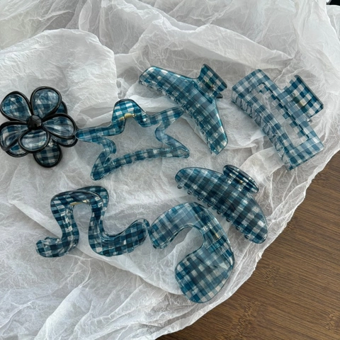 Pinza per Capelli con Motivo Gingham Blu in Stile Coreano Pinza in Acrilico a Quadretti per Capelli Accessorio Quotidiano Donna