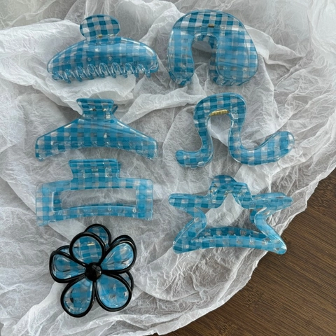 Pinza per Capelli in Stile Coreano Celeste Gingham a Quadri Vintage Grande Fiore Stella Geometrica Fermaglio per Donna