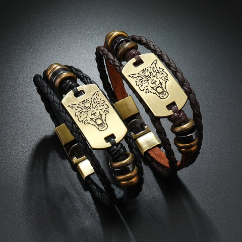 Vintage Punk Men Leather Bracelet Wolf Head Multi Layer Weave Alloy Bangle Antique Metal Buckle Charm Hand Wrist Jewelry