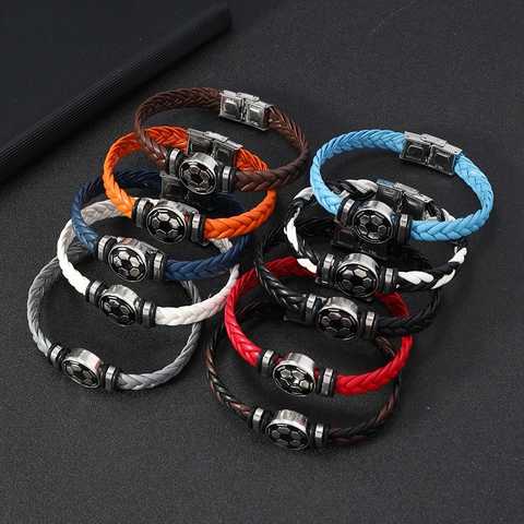 Football Sport Braided Synthetic Leather Bracelet With Stainless Steel Buckle For Men Women Soccer Fans Fashion Jewelry Gift