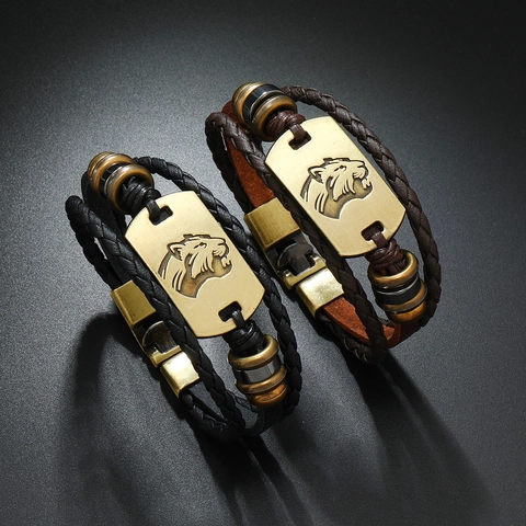 Men Retro Multilayer Braided PU Leather Bracelet With Alloy Leopard Tiger Head Metal Charm Punk Handcrafted Men Jewelry