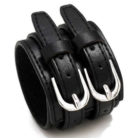 Punk Retro Wide Synthetic Leather Bracelet For Men Double Alloy Buckle Stitching Cuff Wristband Adjustable Fashion Jewelry