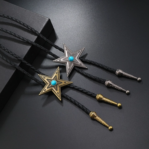 Western Cowboy Bolo Tie Retro Pentagramm Stern Synthetischer Türkis Lederkordel Halskette Für Herren Damen Verstellbarer Schmuck Geschenk