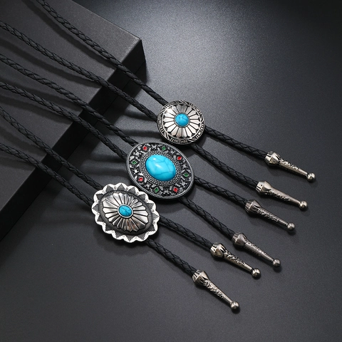 Vintage Western Bolo Tie For Men Women Retro Braided Artificial Leather Cord Antique Silver Alloy Artificial Turquoise Pendant Necklace