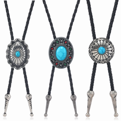 Vintage Western Bolo Tie For Men Women Retro Braided Artificial Leather Cord Antique Silver Alloy Artificial Turquoise Pendant Necklace