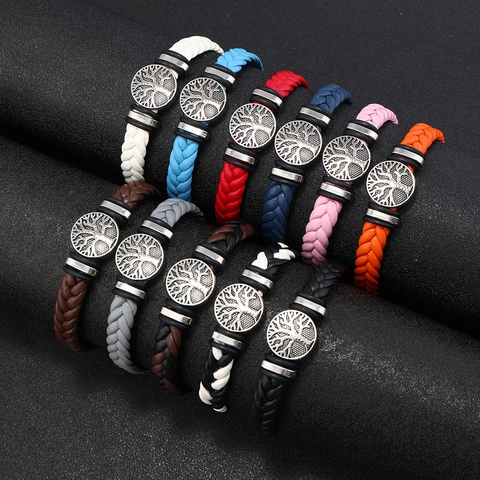 Tree Of Life Braided Leather Bracelet For Men Stainless Steel Clasp Vintage Woven Wrap Wristband Unisex Ethnic Jewelry Gift