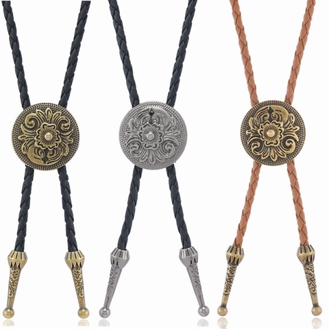 Western Cowboy Bolo Tie Vintage Floral Carved Metal Slider Braided Leather Cord Retro Punk Necklace For Men Women Jewelry