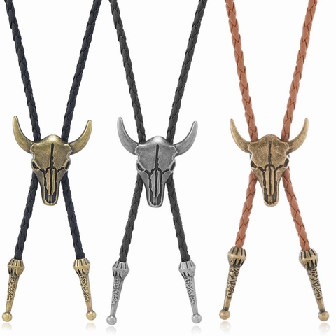 Vintage Western Cowboy Longhorn Stierenschedel Bolo Tie Leren Koord Legering Hanger Ketting Voor Heren Dames Retro Sieraden