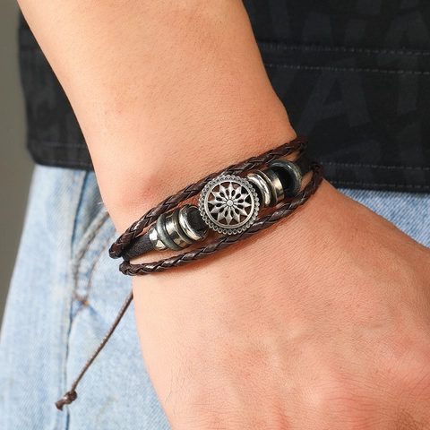 Bracciale Vintage in Pelle Sintetica Intrecciata a Più Strati per Uomo Lega Fiore di Sole Regolabile Gioielli Bohemian Uomo