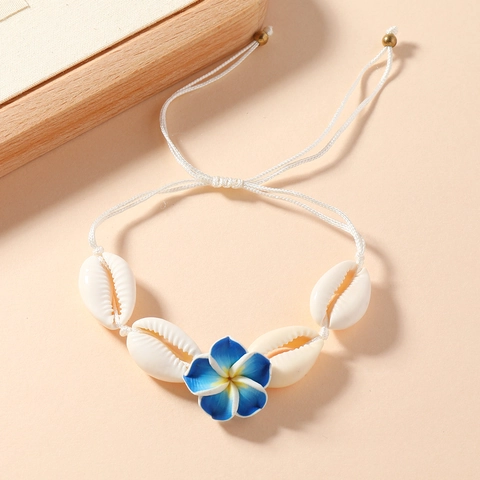 Pulsera Tobillera Trenzada a Mano de Concha y Flor de Estilo Bohemio para Mujer Joyería de Cordón Encerado Ajustable para Playa