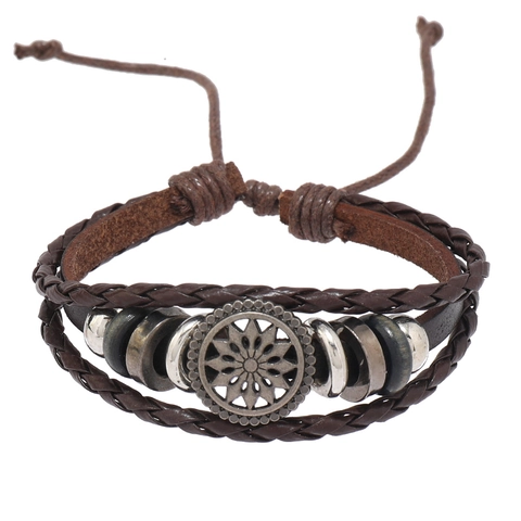 Bracciale Vintage in Pelle Sintetica Intrecciata a Più Strati per Uomo Lega Fiore di Sole Regolabile Gioielli Bohemian Uomo