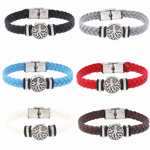 Tree Of Life Braided Leather Bracelet For Men Stainless Steel Clasp Vintage Woven Wrap Wristband Unisex Ethnic Jewelry Gift