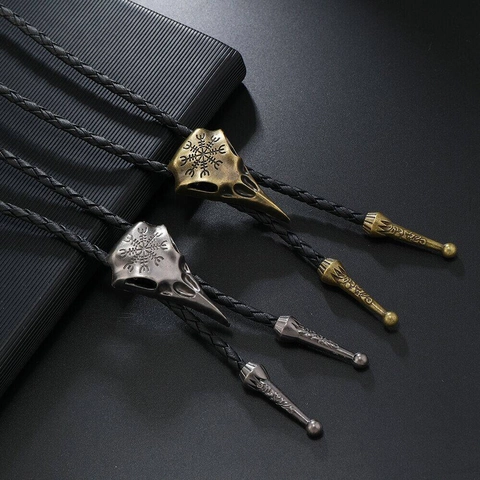 Vintage Punk Vogel Schädel Bolo Tie Für Herren Damen Legierung Anhänger Wikinger Kompass Vegvisir Lederband Kette Schmuck