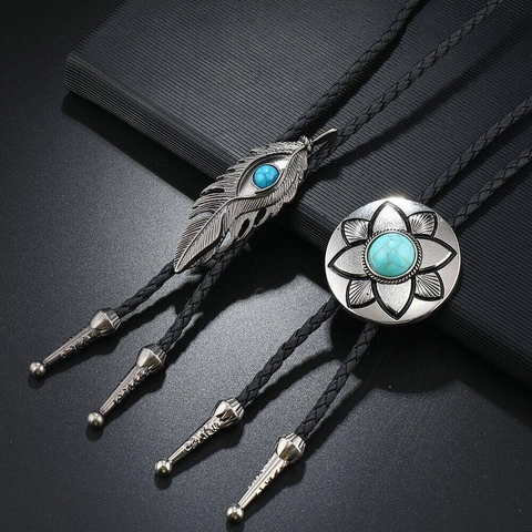 Vintage Western Cowboy Bolo Tie Retro Legierung Feder Blume Anhänger Halskette Mit Kunstleder Geflochtenem Seil Unisex Schmuck