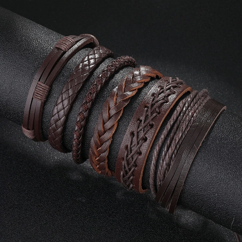 Herren Vintage Mehrlagig Geflochtenes Leder Armband Set Handgemacht Wachsseil Hanfseil Punk Boho Armreif Schmuck Geschenk