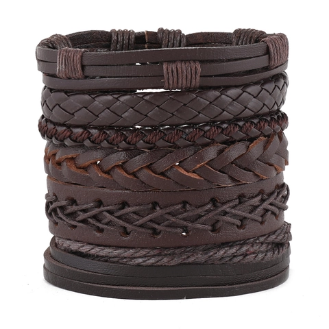 Herren Vintage Mehrlagig Geflochtenes Leder Armband Set Handgemacht Wachsseil Hanfseil Punk Boho Armreif Schmuck Geschenk