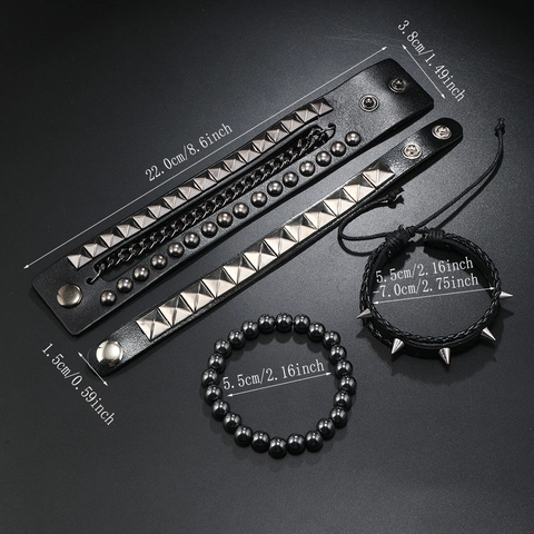 Men's Punk Multi-layer Leather Bracelet Set Alloy Rivet Chain Skull Hematite Beads Gothic Rock Wristband Jewelry Accessory
