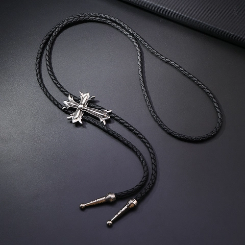 Vintage Gotik Kreuz Legierung Bolo-Krawatte Für Herren Damen PU-Leder Geflochtenes Seil Cowboy Hemd Zubehör Antiksilber Krawatte Schmuck