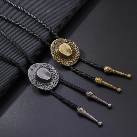 Western Vintage Cowboy Hat Bolo Tie Retro Braided Leather Cord Wheat Star Alloy Pendant Necklace For Men Women Jewelry